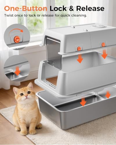 XXL Stainless Steel Cat Litter Box with Lid (Light Gray / 23" L × 16" W × 18" H)