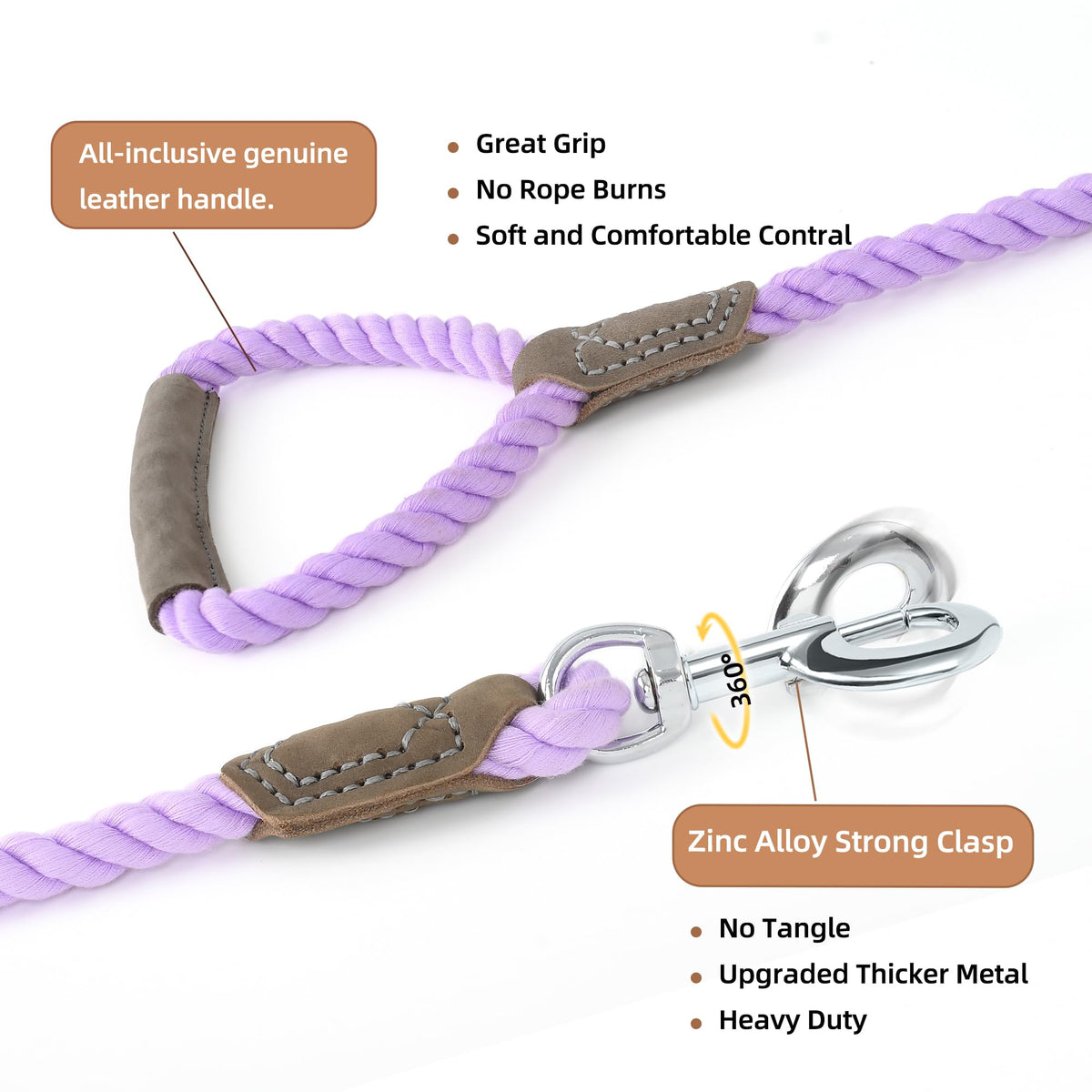 Dog Leash Braided Cotton Rope w (Purple / 60 Inch-1/2")