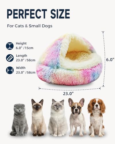 Cat Bed Round Plush Fluffy Hooded Cave (23.0"L x 23.0"W x 6.0"Th / Multicolor)