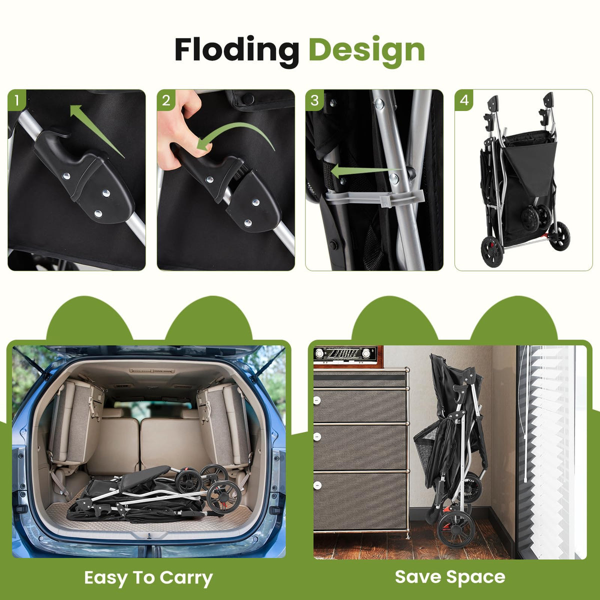 3 Wheel Dogs Stroller for Small to Medium Pets (Black / 29.1" x 17.7" x 39.4")