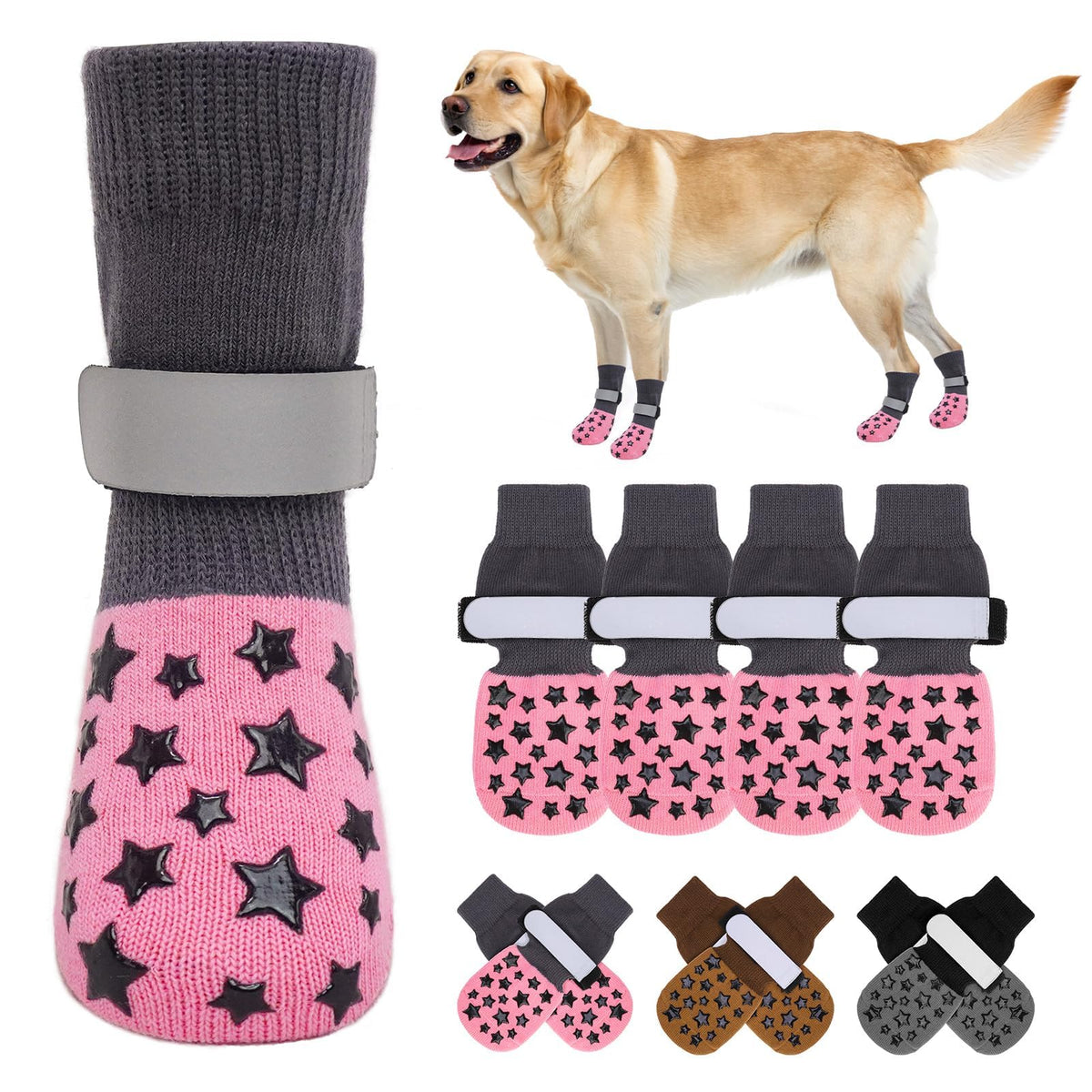 Dog Socks to Prevent Licking Paws Double Sided Grip Traction (PINK / L(2.6"-3" W | Pack of 4))