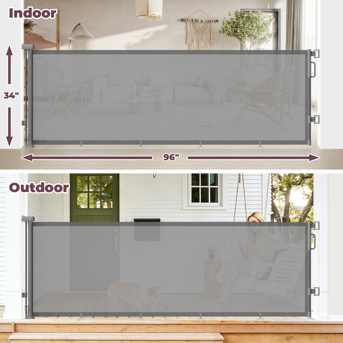 96" Retractable Baby Gate (Gray / 34" Tall x 96" Wide)