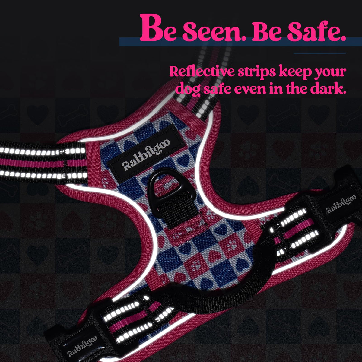 Dog Harness No Pull for Large Dogs with 2 Leash Clips (X-Large / Hot Pink Grid)