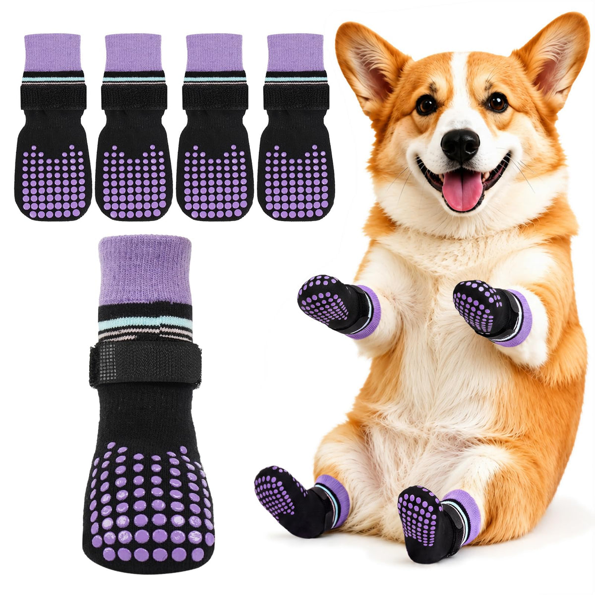 2 Pairs Anti Slip Dog Socks with Grips (Xs(paw width: 1.57") / black)