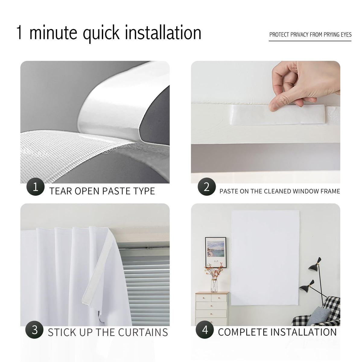 self Adhesive Curtains Portable Blackout Curtain Simple and Easy to Install Bedroom Window Thermal Lnsulated Kitchen Room Darkening Black Small Drapes (59"W x 71"L (Pack of 1) / White)