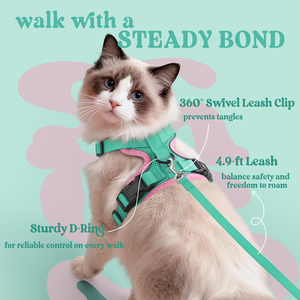 Cat Harness and Leash Set (Xs / Green & Pink)