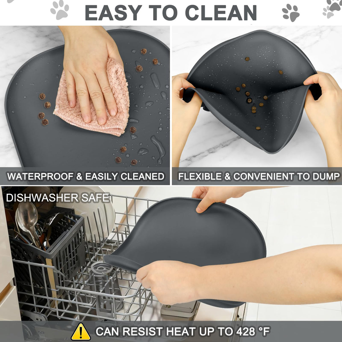 Waterproof Silicone Pet Food Mat with Raised Edge for Dog & Cat (12"L x 12"W / Dark Gray)