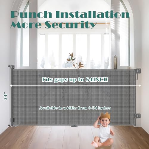 Retractable Baby Gate for Stairs (Gray / 54" Wide x 34" Tall)