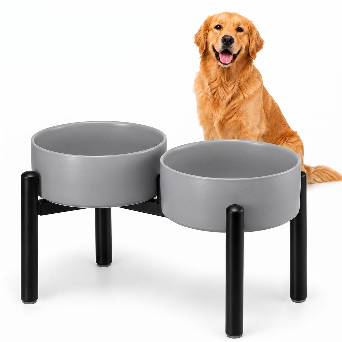 Raised Ceramic Dog Bowl Set with Stand (Dark Gray / 2 Bowls - 7.5 Cups Each)