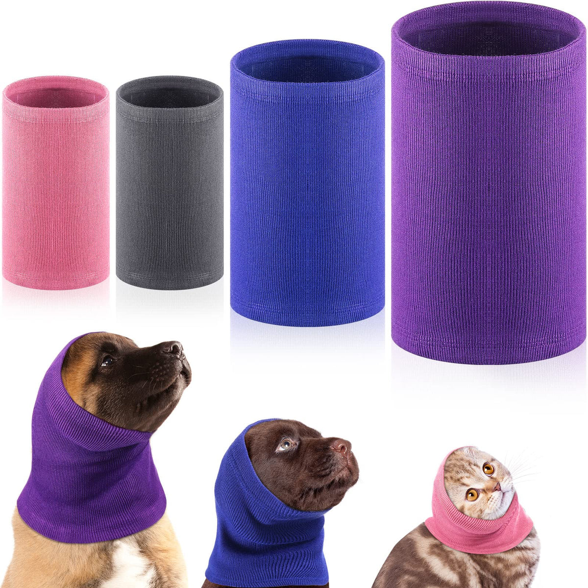 4 Pcs Dog Snoods Pet Ear Wrap Cover Sound Proof Muffs for Barking and Bathing Warm Winter Scarf for Calming (Gray, Pink, Blue, Purple / S,M,L)