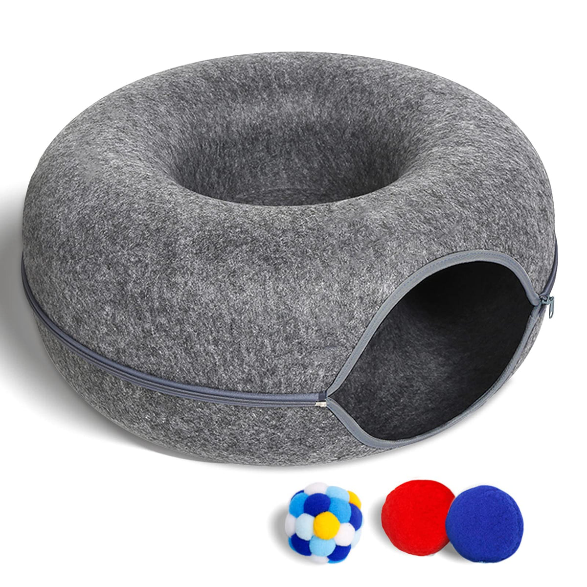 Cat Tunnel Bed for Indoor Cats with 3 Toys (M(20x20x9) / Dark Grey)