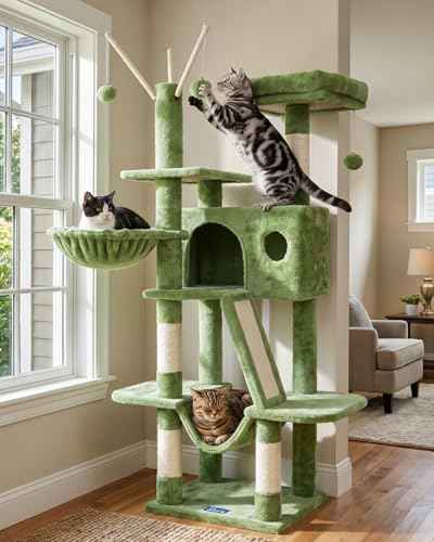 Cat Tree Tower with Padded Platform Bed (53 Inch / Green)