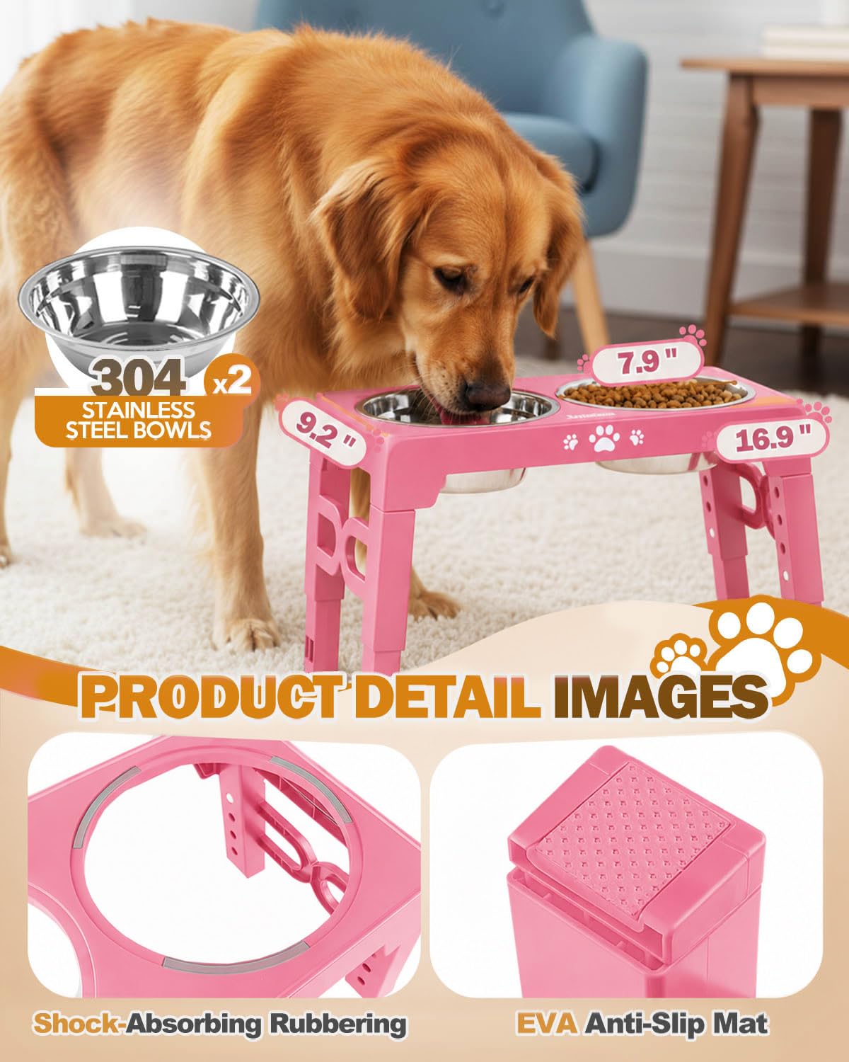 Elevated Dog Bowls for Medium Large Size Dogs (Pink / Medium Large)