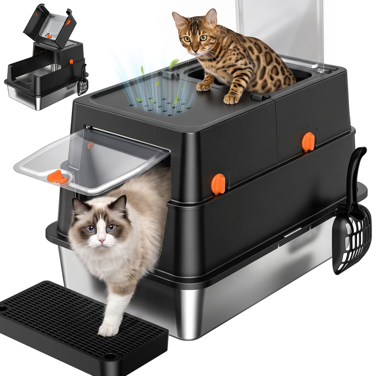 XL Enclosed Stainless Steel Litter Box with Lid (Carbon Black)