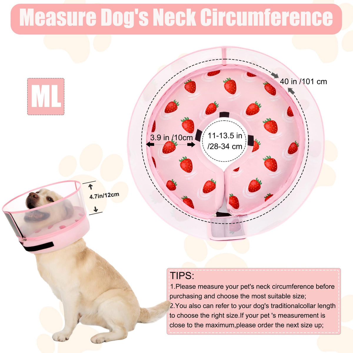 Inflatable Dog Cone Collar for Large Medium Small Dogs (Strawberry Print / Medium Plus)