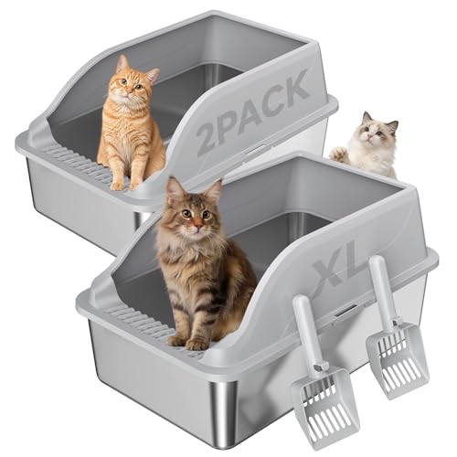 2PACK Stainless Steel Cat Litter Boxes XL Large Metal Pan Include Scoop (Light Grey)