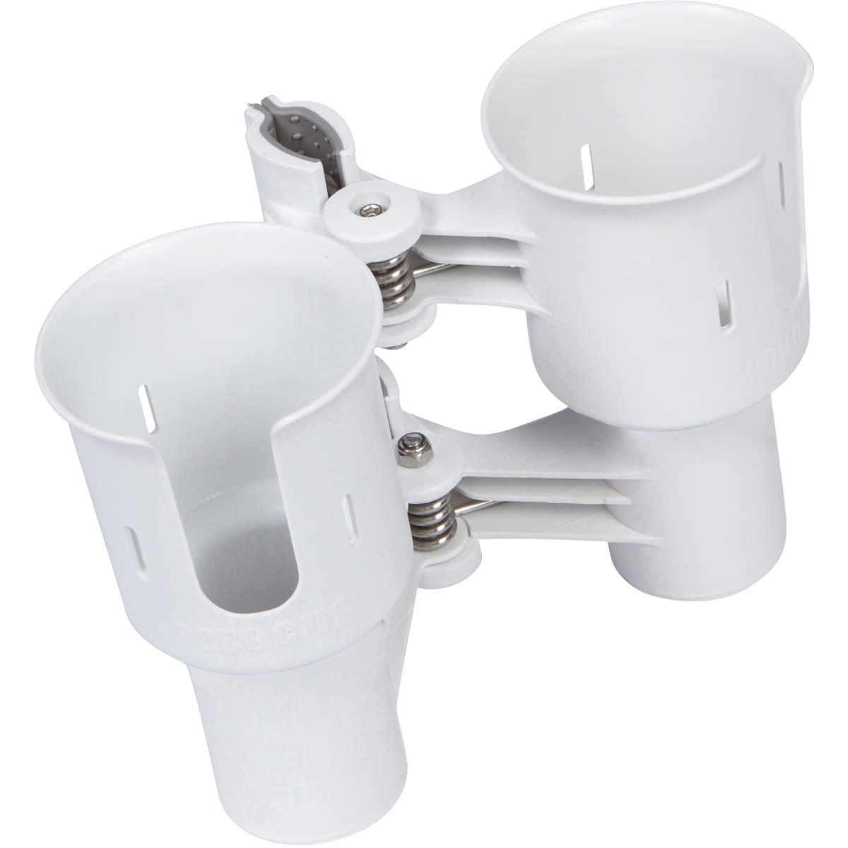 White), Patented Clamp On Boat Cup Holder |Multifunction Dual Drink Caddy for Fishing Poles, Tools, Net, Gaff |Portable Storage for Boating, Beach, Umbrellas, Golf Carts, Strollers (White / Standard Spring)