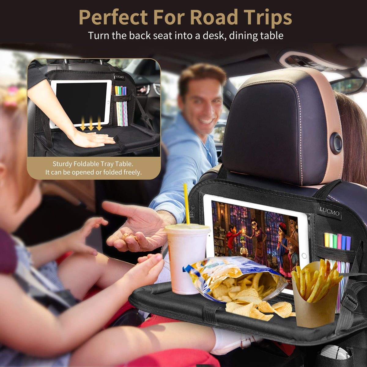 Car Backseat Organizer with Foldable Tablet Holder (Black-2 / 1 Pack with Food Tray)