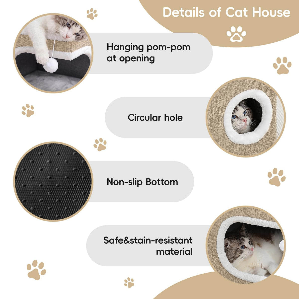 Cat Houses for Indoor Cats (Khaki‌ / 16"D x 16"W x 13"H)