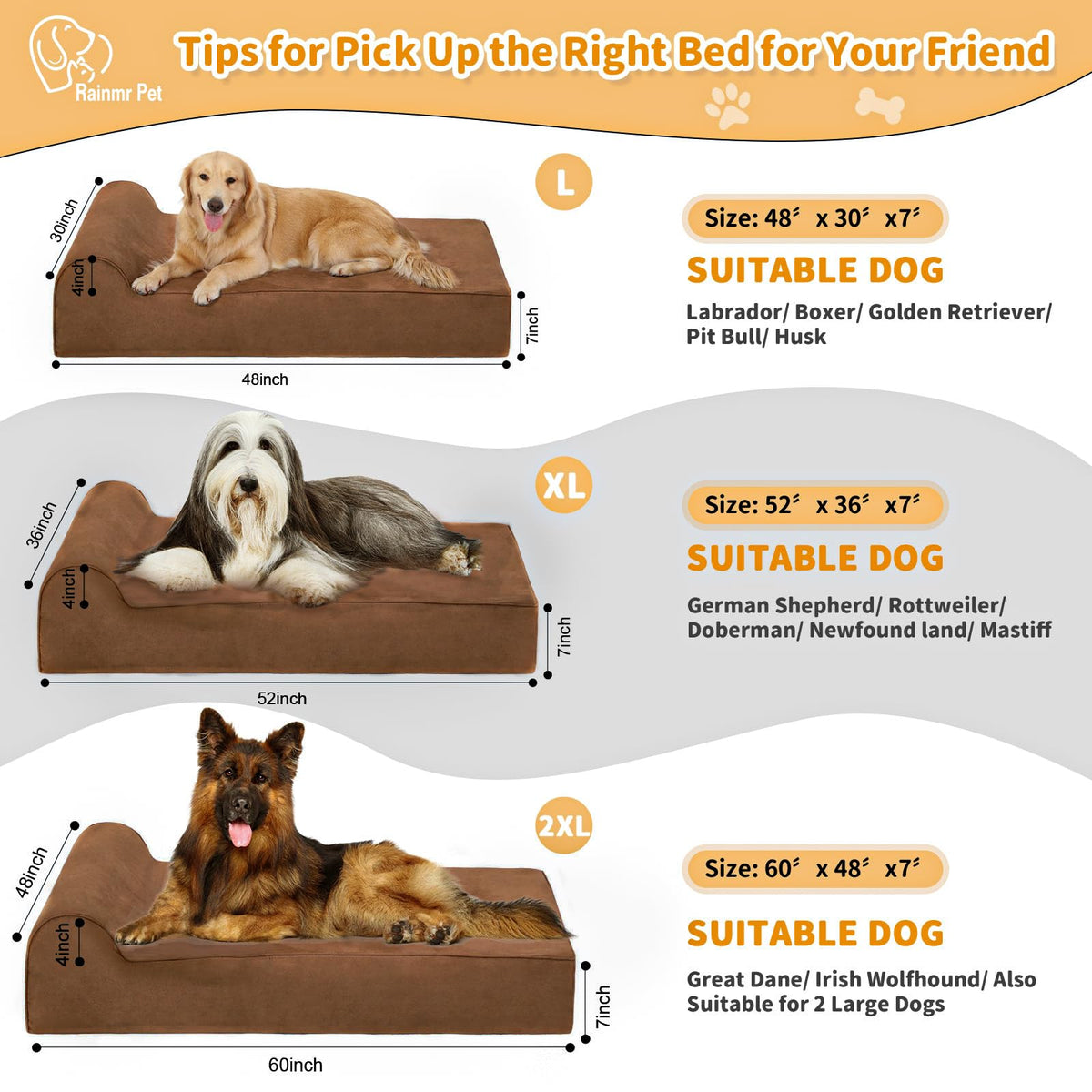 Orthopedic Dog Beds for Large Dogs (52.0"L x 36.0"W x 7.0"TH / Premium Version-Chocolate)
