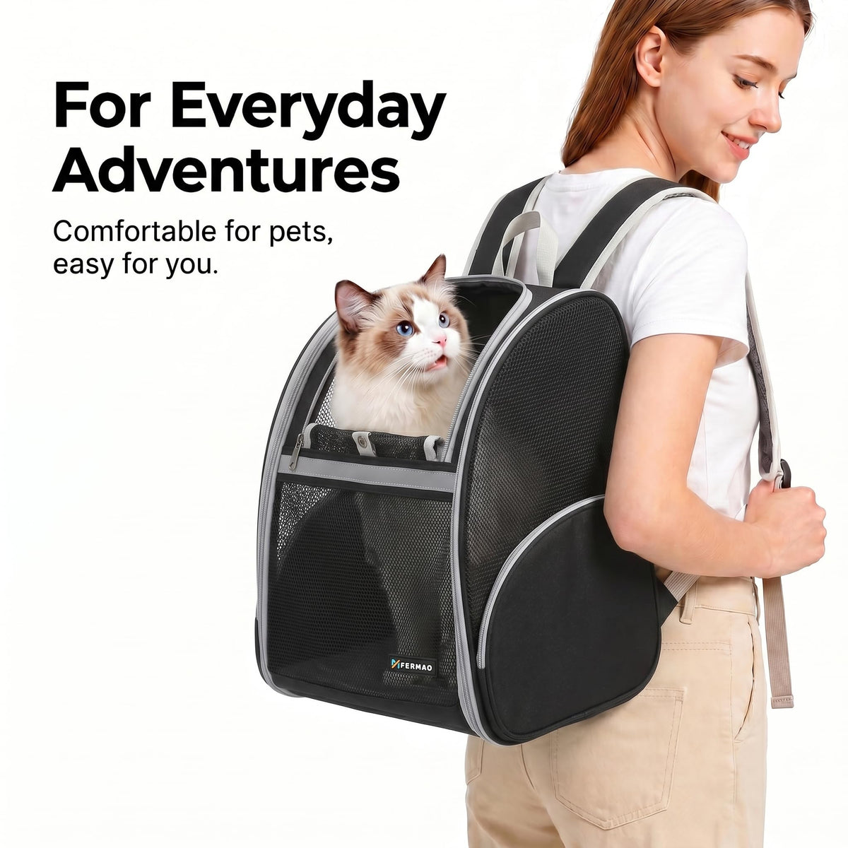 Cat Backpack Carrier for Small Dogs and Medium cat Puppy Kitten Bunny Pet Carrier Backpack Collapsible with Fully Ventilated Mesh with Safety Leash (Black / 12.9"L x 10.6"W x 15.5"H)