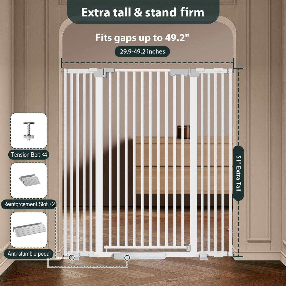 51'' Extra Tall Cat Gate for Doorways 30 (White-51"tall / 30''-49.2''Wide)