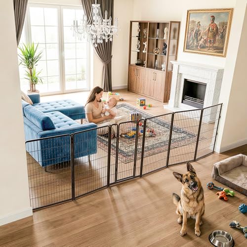 Dog Gate Extra Wide Adjustable for Openings Up to 165" (Black / Up to 165" W【5 Panels + 1 Door】 / 45"H)