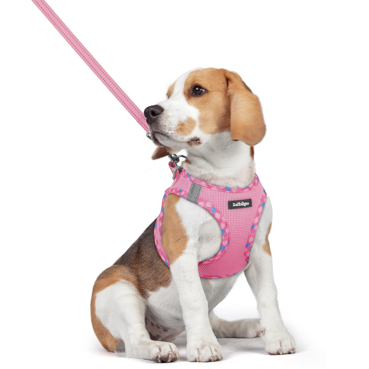 Dog Harness Medium Sized and Leash Set (Pink & Plaid Trim / L (chest: 18.2 - 20.5"))