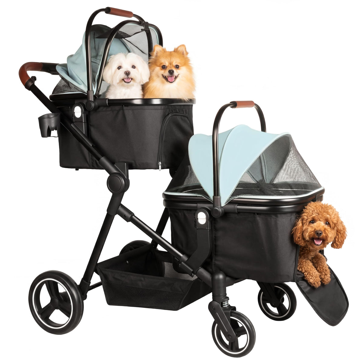 Foldable Double Pet Stroller for 2 Small Medium Cats Dogs (Light Blue / Double)