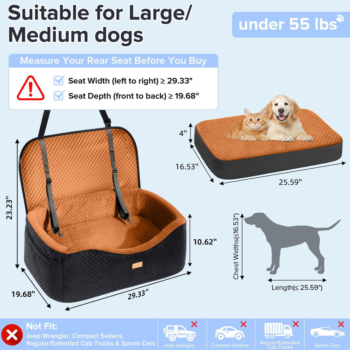 Large Dog Car Seat for Medium Sized Dogs Under 55lbs or 2 Smalls (Burnt Orange / Large)