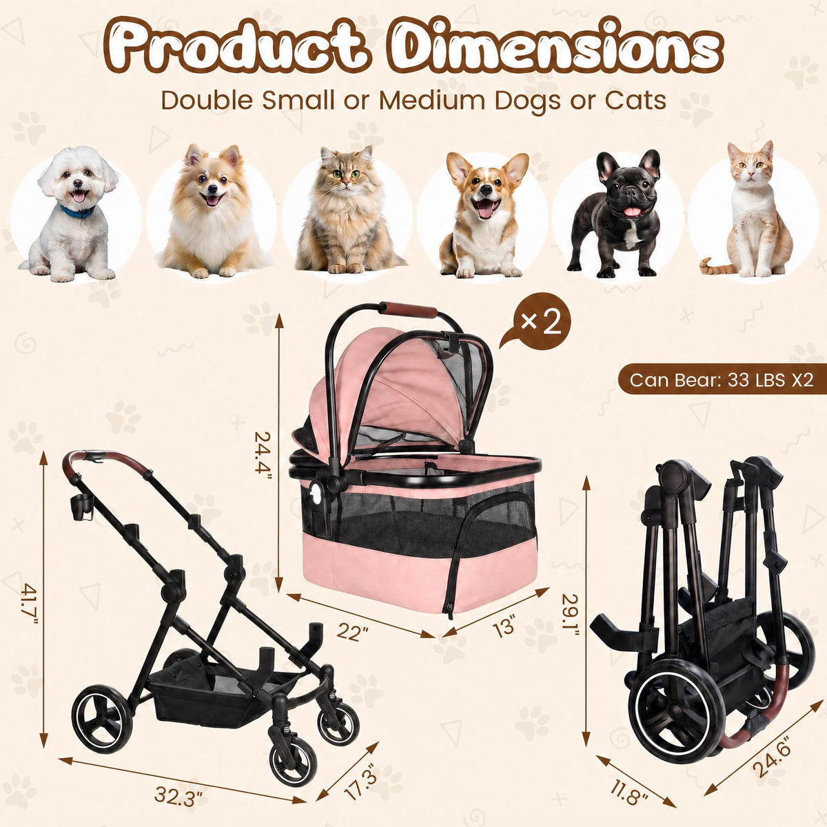 Foldable Double Pet Stroller for 2 Small Medium Cats Dogs (Pink / Double)