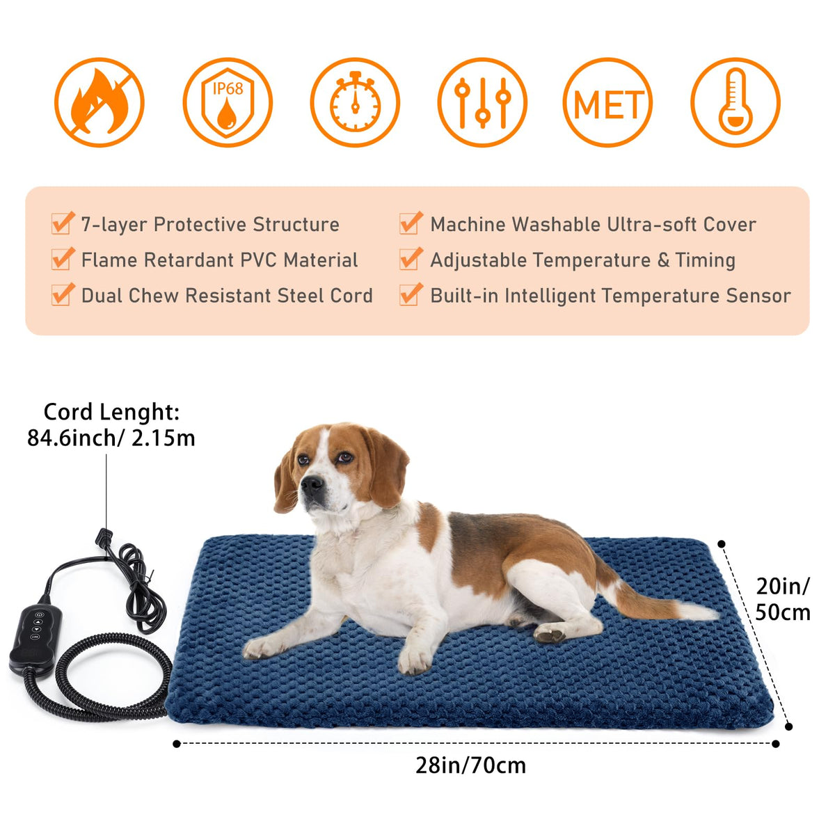 Heated Dog Bed (M: 28" x 20" / Navy Blue)