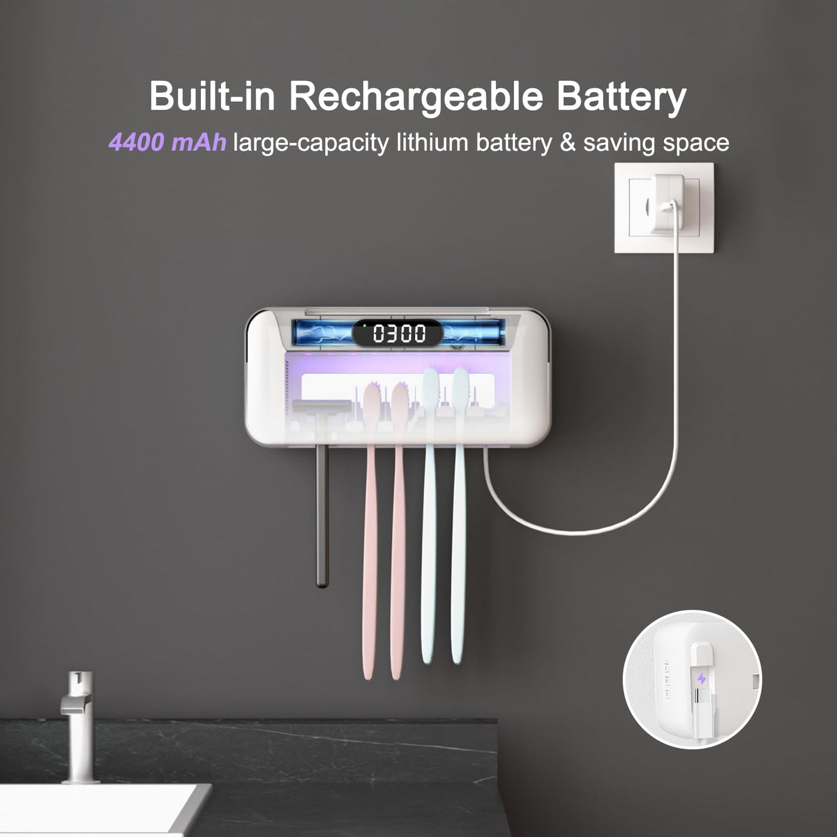 UV Toothbrush Sanitizer and Holder for Bathroom (White-for Family)