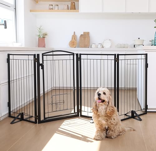 Full Metal Freestanding Dog Gate with Cat Door for Indoor & Outdoor (Black / 【4 Panels with Door】80"W×36"H)