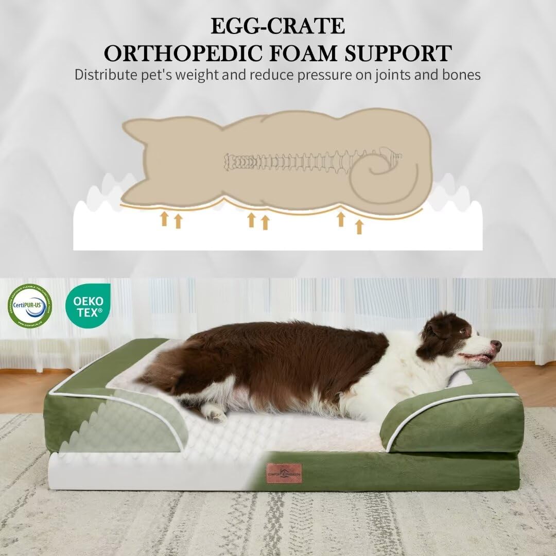 Orthopedic Dog Bed for Extra Large Dogs with Bolster (42.0"L x 30.0"W x 8.5"Th / Light Green)