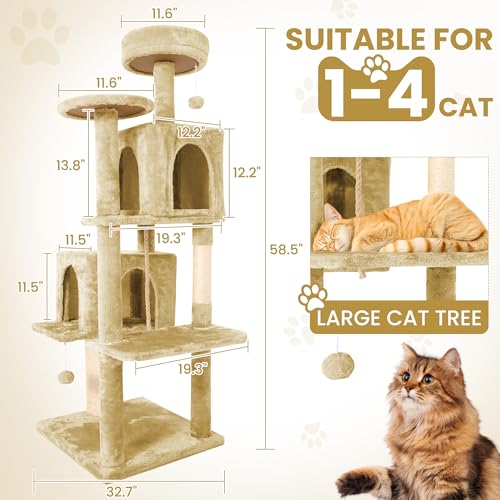 58.5inch Large Cat Tree Tower Condo for Indoor Cats (58.5in / Light Yellow)