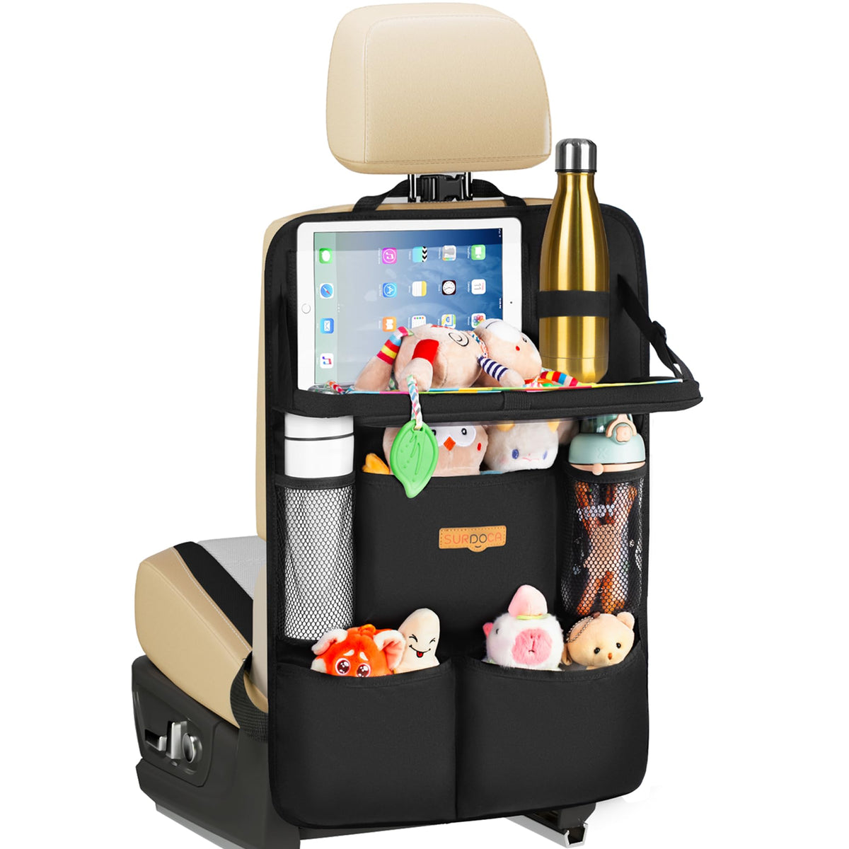 Backseat Car Organizer with Foldable Tray for Kids & Adults (Black (1 Pack))