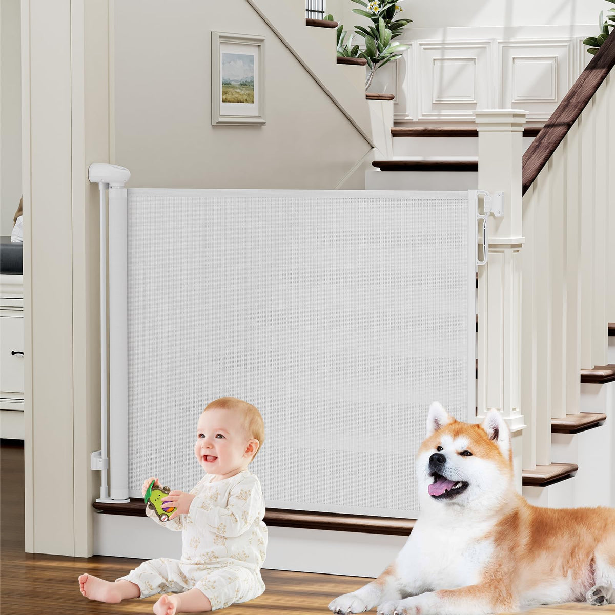 Retractable Baby & Dog Gate (B-white / 34" Tall x 54" Wide)