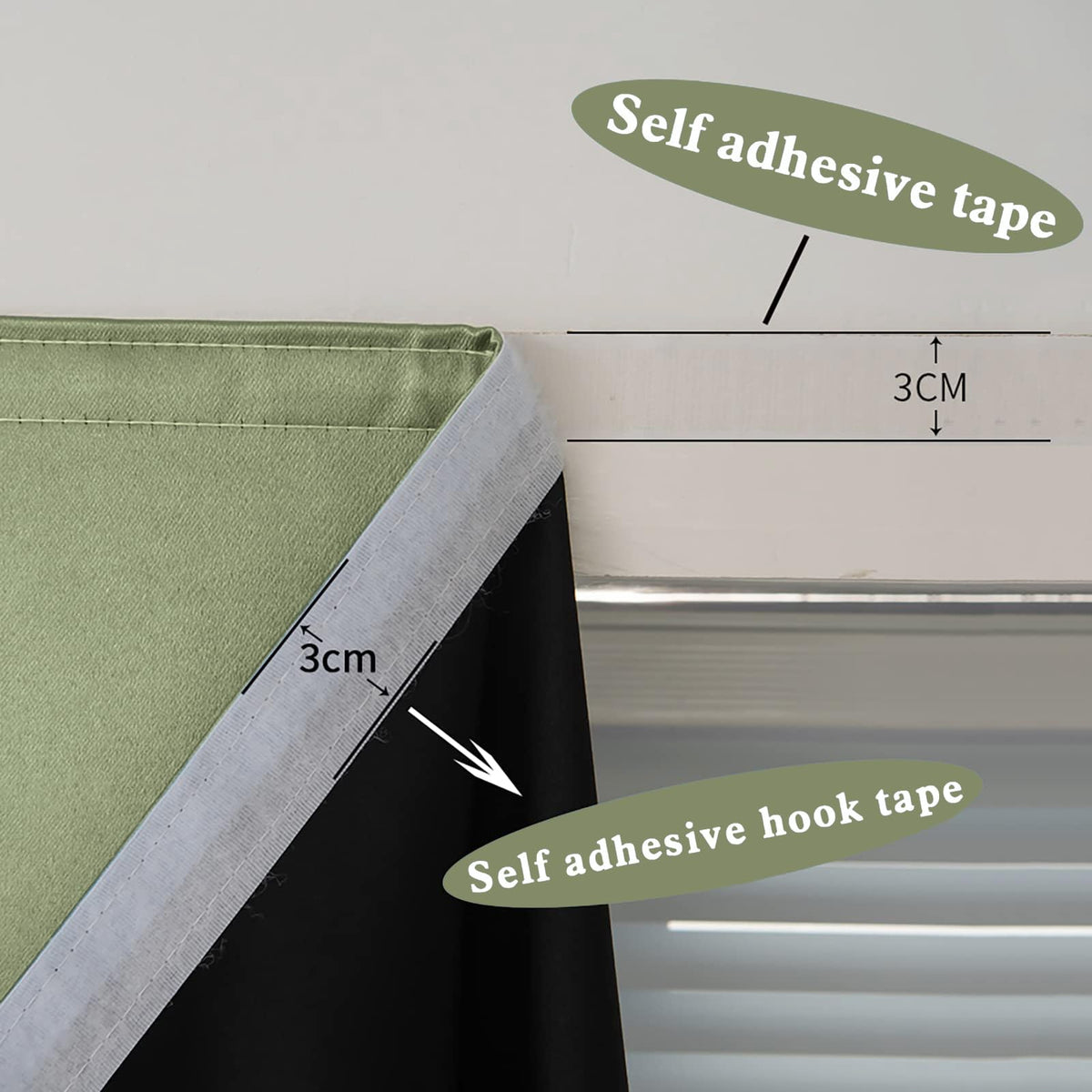 100% Blackout Self Adhesive Curtains Small Window Short Temporary Black Out Curtains Easy to Install Used for Bedroom Kitchen Window Cover (Sage Green/ Thickened / 35"W x 54"L (Pack of 1))