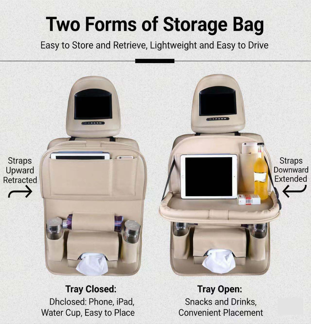 Premium PU Leather Backseat Seat Organizer with Foldable Table (2 Pack / Beige)
