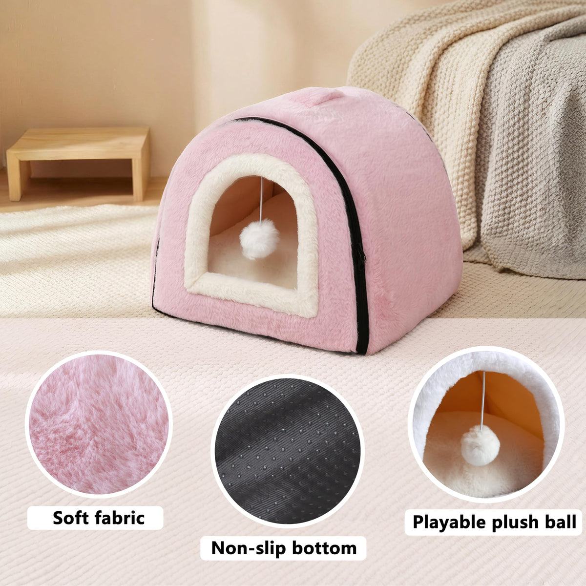 Cat Bed for Indoor Cats (Pink / M:(15.7"×15.7"×14.1"))