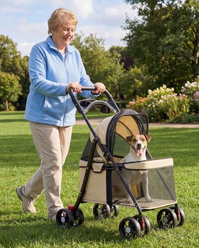 Foldable Pet Stroller for Small Dogs and Cats (Cream)