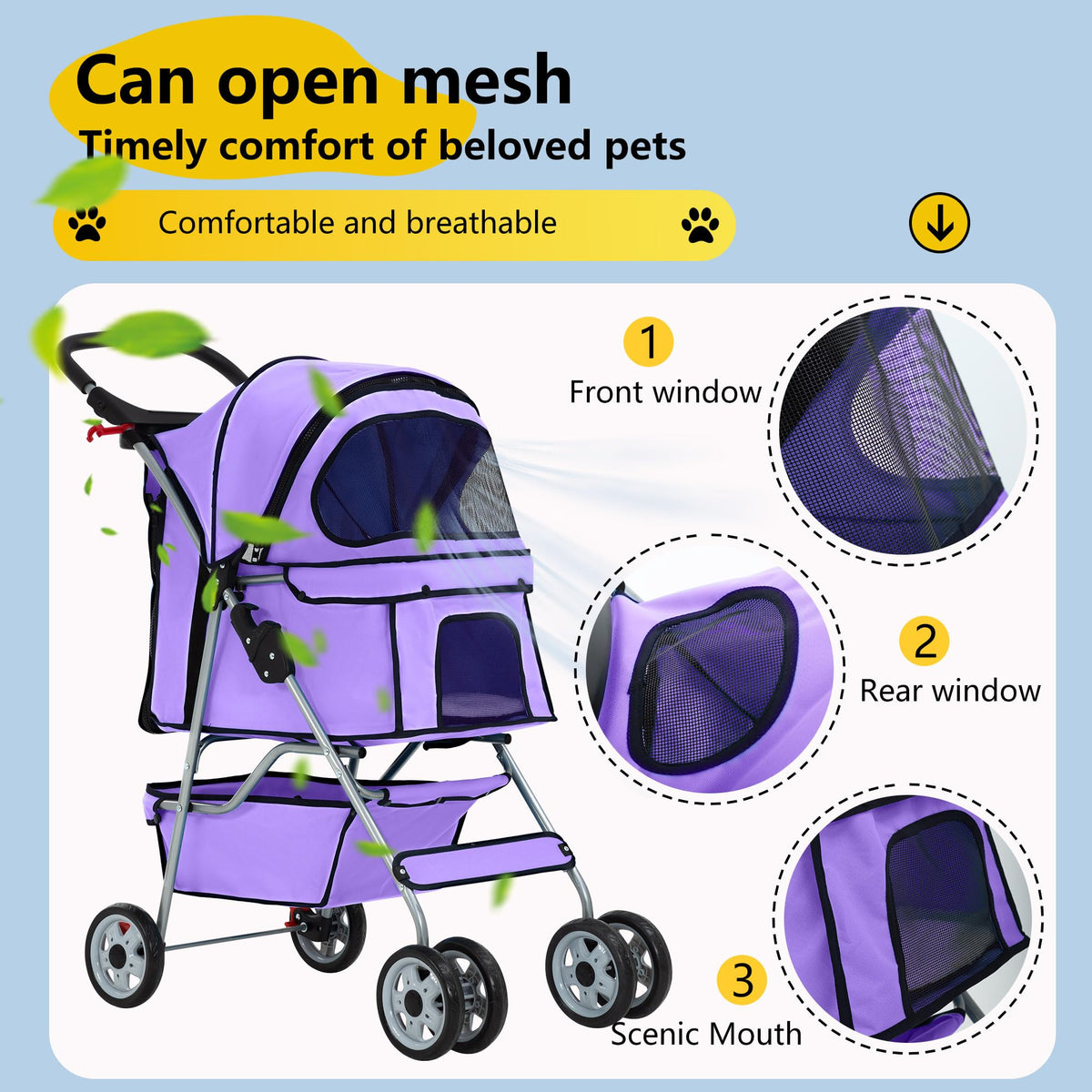 4 Wheel Foldable Pet Stroller (Purple / 4 Wheels)