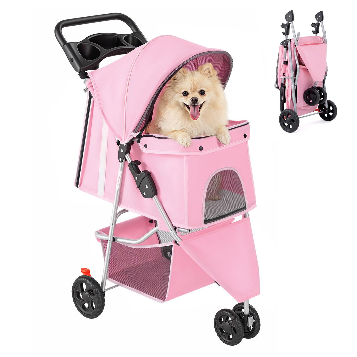 3 Wheels Pet Stroller for Small Dogs and Cats (Pink / 29.2"x17.7"x 39.4")
