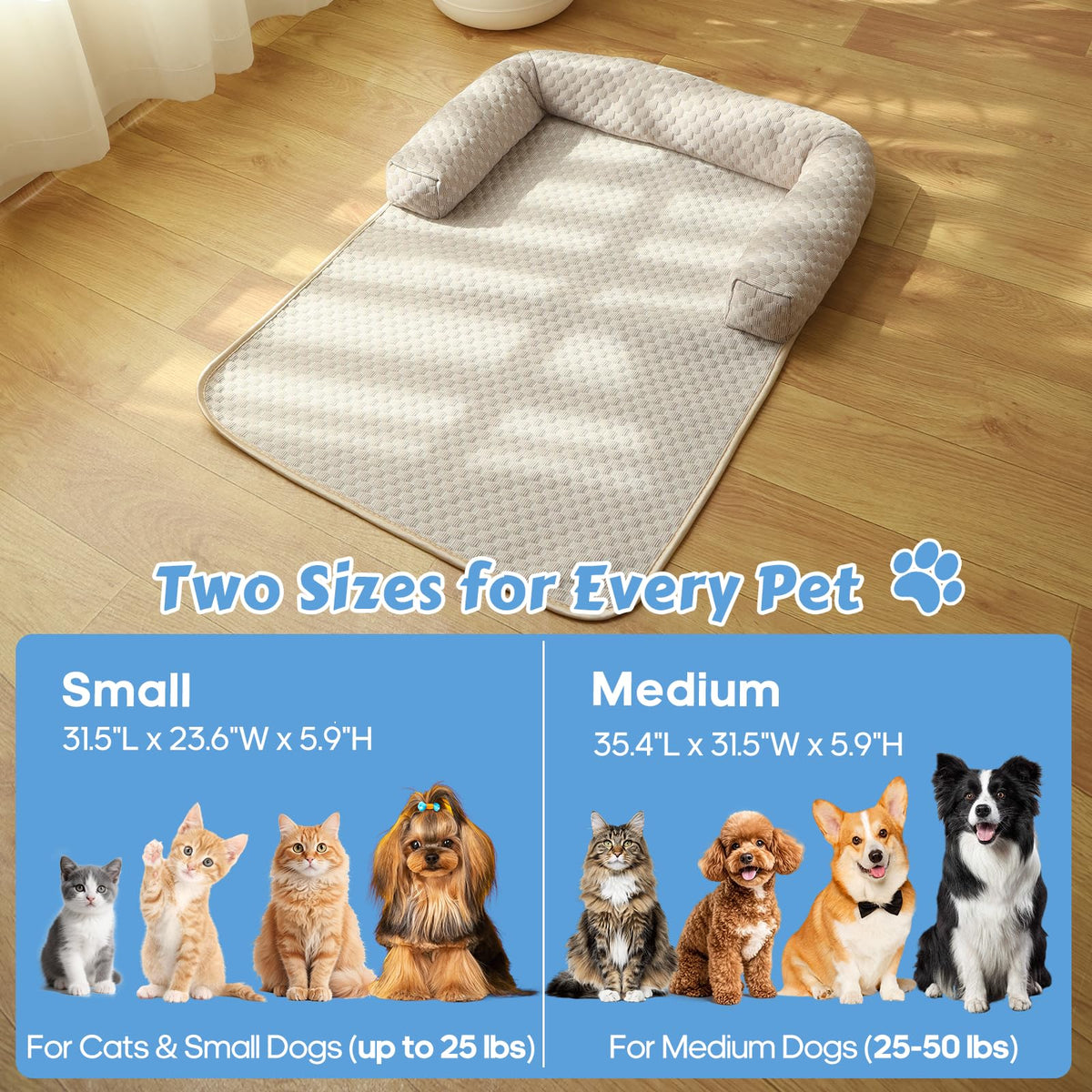 Cooling Pet Bed Mats with Neck & Head Support (Cooling-Khaki / Small(31.5"Lx23.62"Wx5.91"Th))