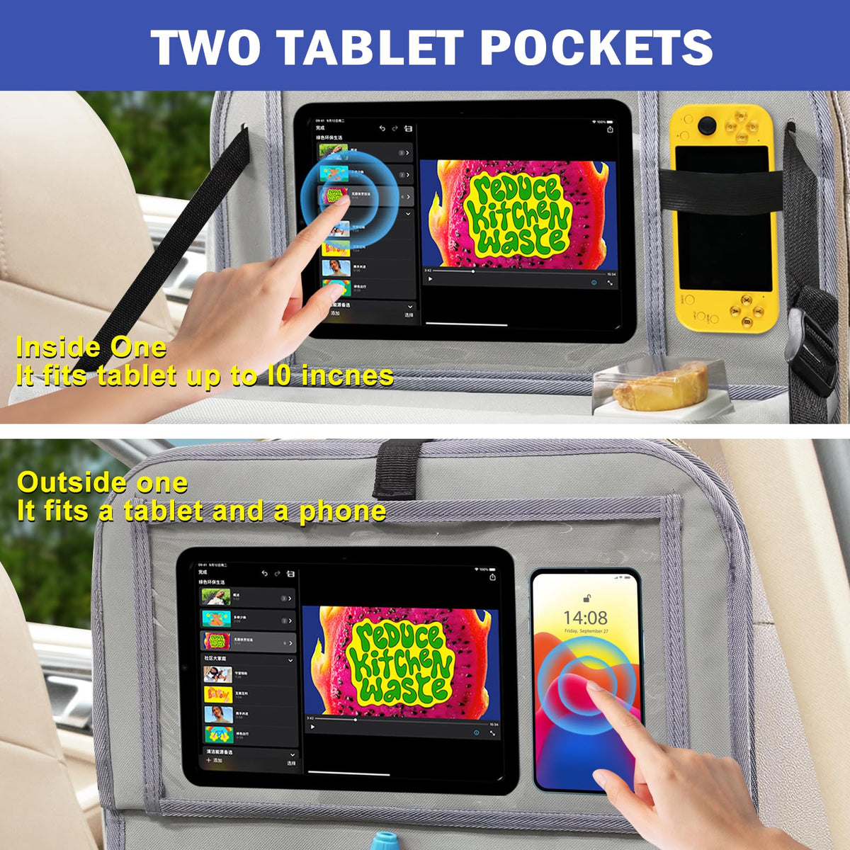 2Pack Car Backseat Organizer with Foldable Table Tray Grey (Grey / 2 Pack with Food Tray)