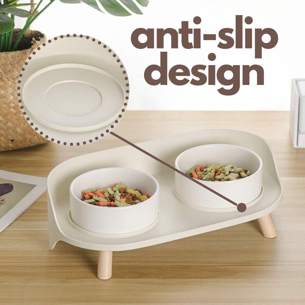 Ceramic Dog Bowls with Stand (13.5 OZ / White / Beige)