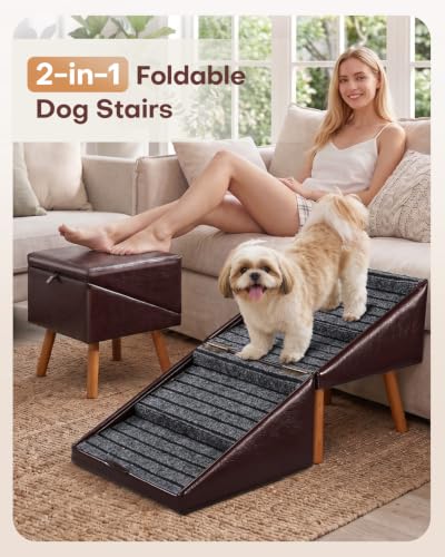 Dog Stairs for Couch Ottoman Dog Steps Faux Leather (Burgundy Brown / XL(17.13”H))