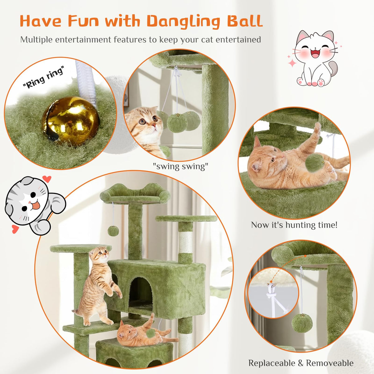 54 Inch Cat Tree Tower with Natural Sisal Scratching Post (Green / 54IN)
