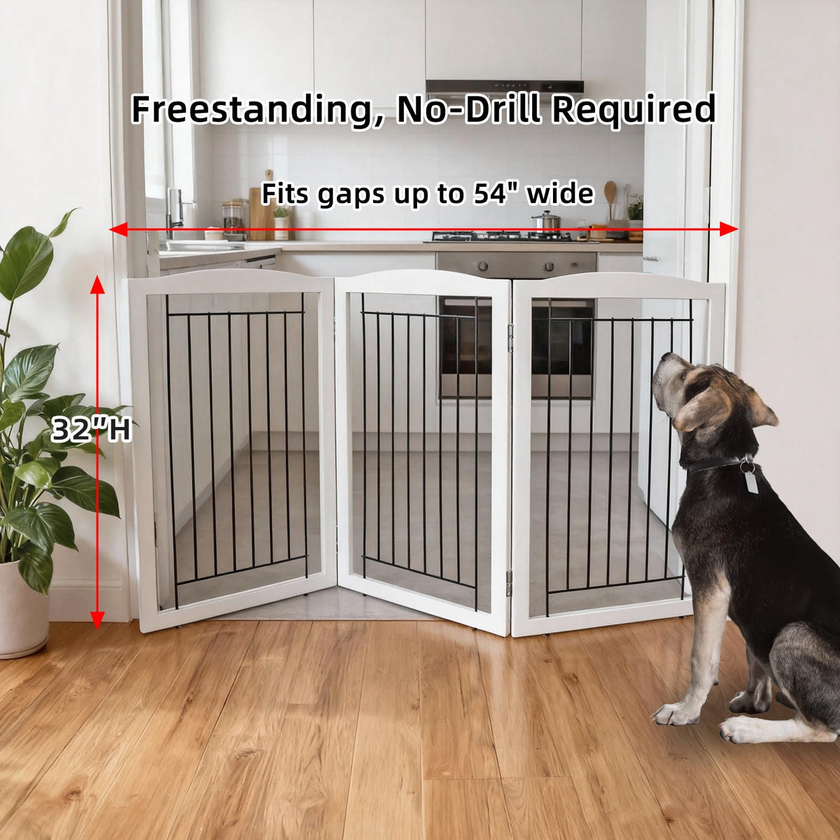 Freestanding Foldable Dog Gate for House Extra Wide Wooden White Puppy Gate Stairs Dog Gates Doorways Tall Pet Gate 3 Panels Pet Fence (White / 【3 Panels】60''w x 32''h)